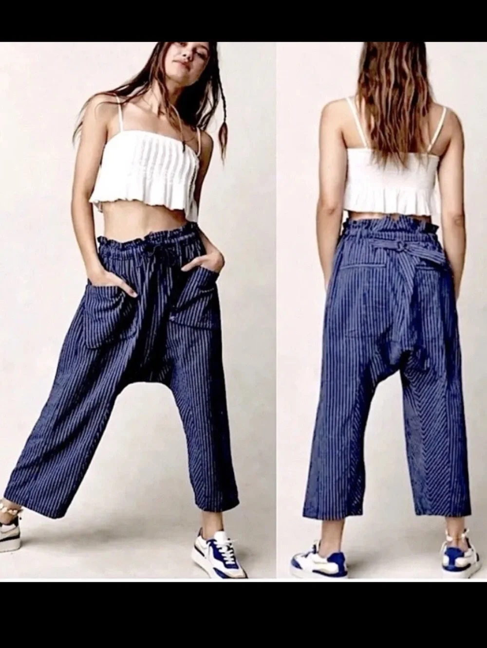 Free People Runyon Oversized Stripe Harem Drop Crotch Blue Cropped Pants